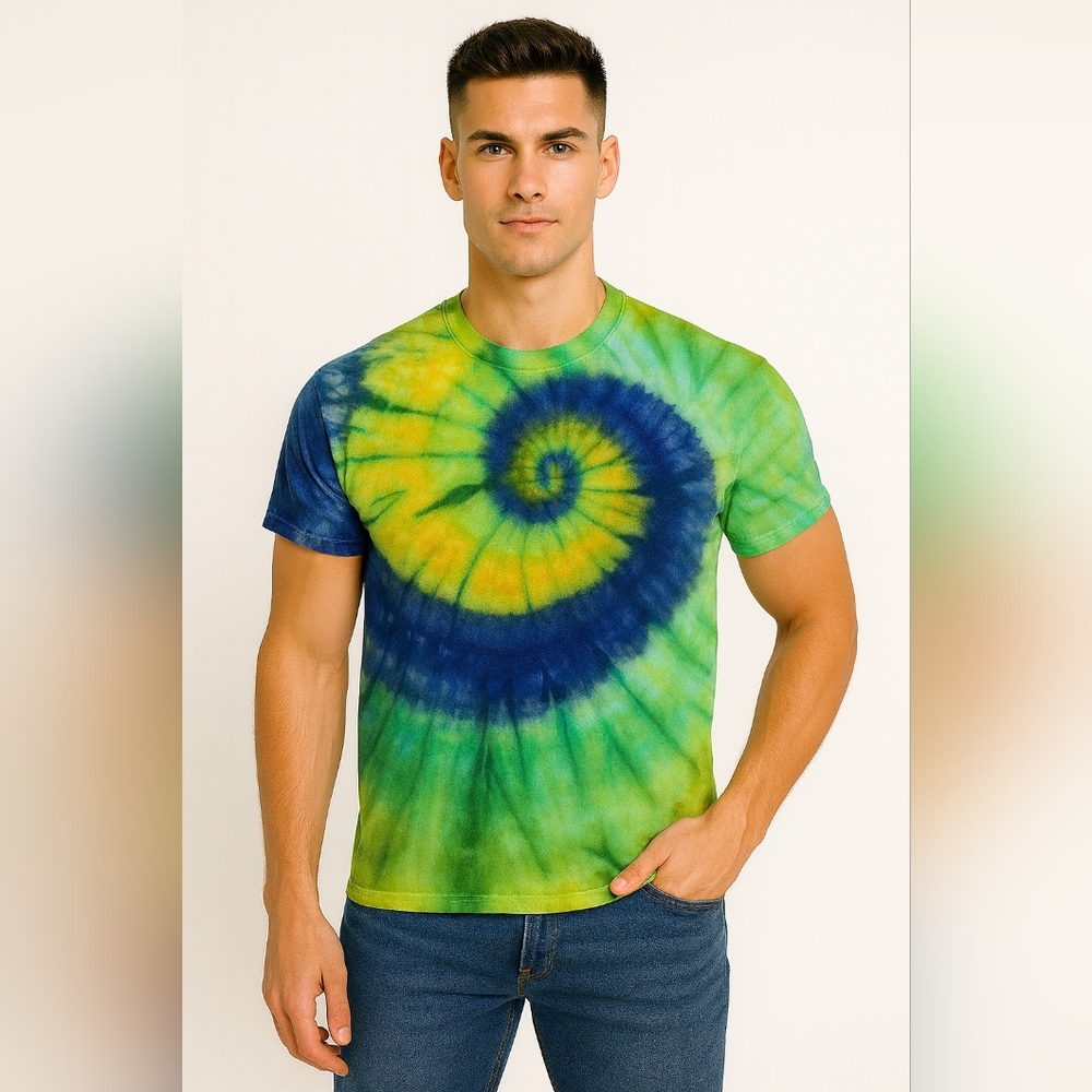 Tie Dye Mens Medium T-Shirt Spiral Kelly Green, Daffodil and Houdini Blue